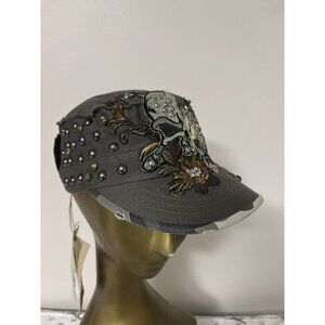 NWT DREAM CONTROL Cadet Military Cap Style Olive Skulls Beads L/XL